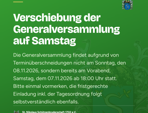 Generalversammlung der Bruderschaft bereits am Samstag, den 07.11.2026 ab 18.00h